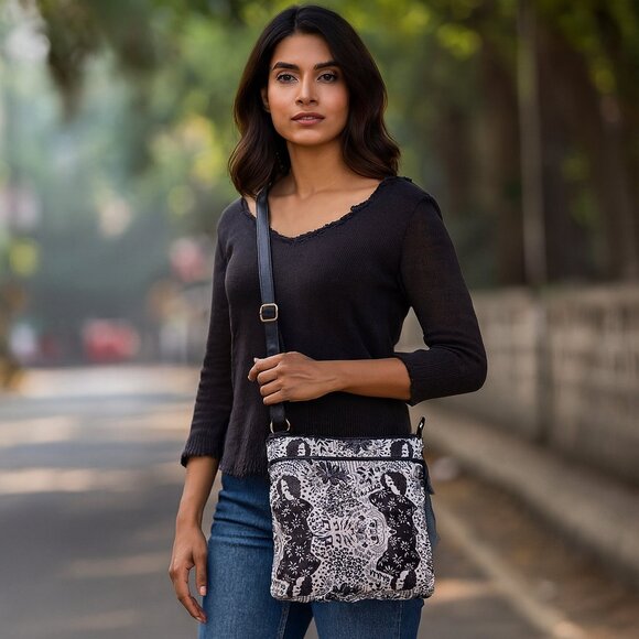 Women Black Printed Fabric Crossbody Sling Bag with Leather Trim–Shoulder Purse - Picture 2 of 9